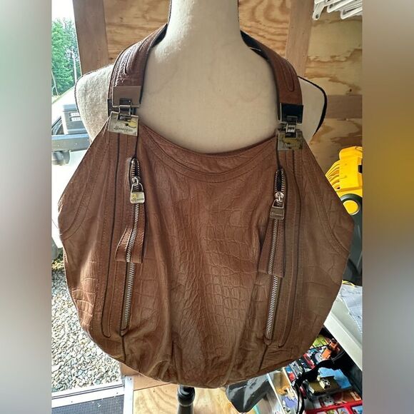 B Makowsky Brown Croc-Embossed Leather Shoulder Bag - Picture 1 of 6